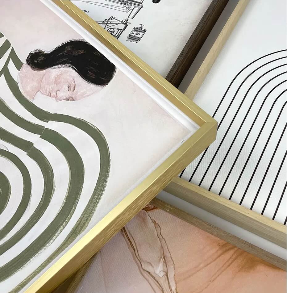 Custom Metal Picture Frame Kit with Wood Inner Frame - Modern DIY Canvas Frame in Black, White, Silver, Gold & Walnut