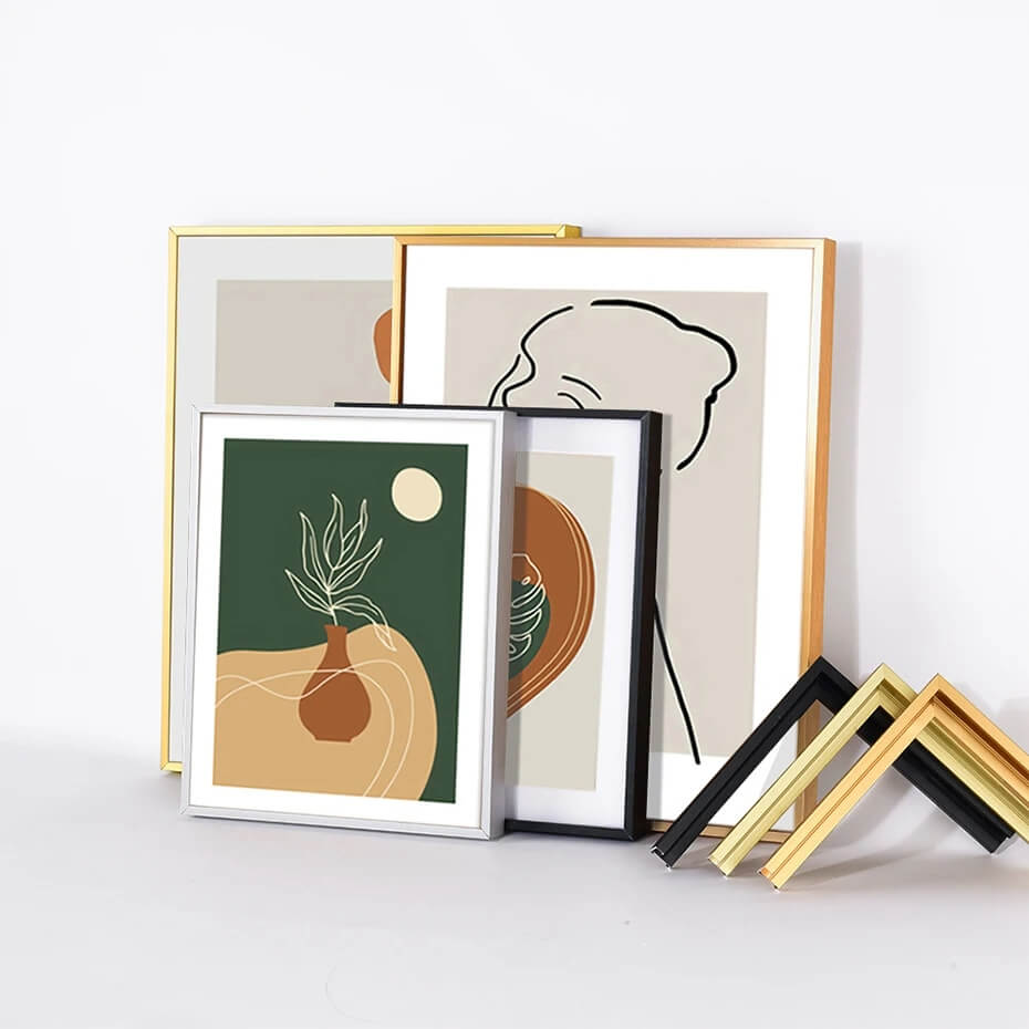 Custom Metal Picture Frame Kit with Wood Inner Frame - Modern DIY Canvas Frame in Black, White, Silver, Gold & Walnut