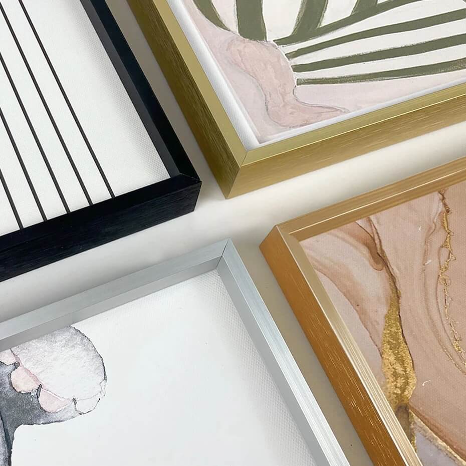 Custom Metal Picture Frame Kit with Wood Inner Frame - Modern DIY Canvas Frame in Black, White, Silver, Gold & Walnut