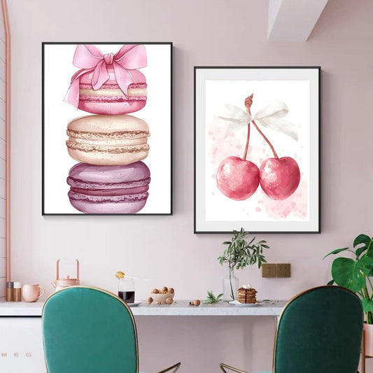 Patisserie Pink Macaron Cherries Minimalist Wall Art Canvas Prints