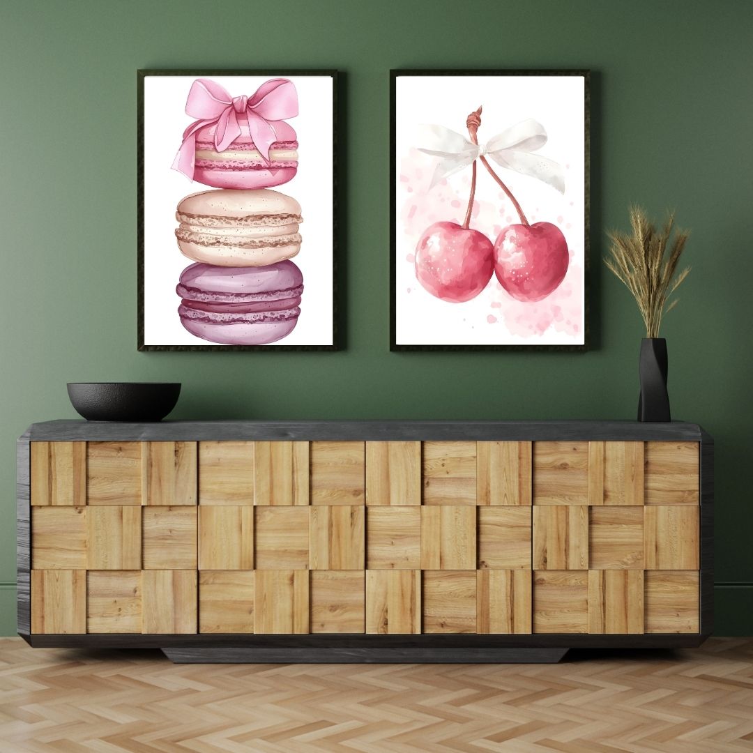 Patisserie Pink Macaron Cherries Minimalist Wall Art Canvas Prints