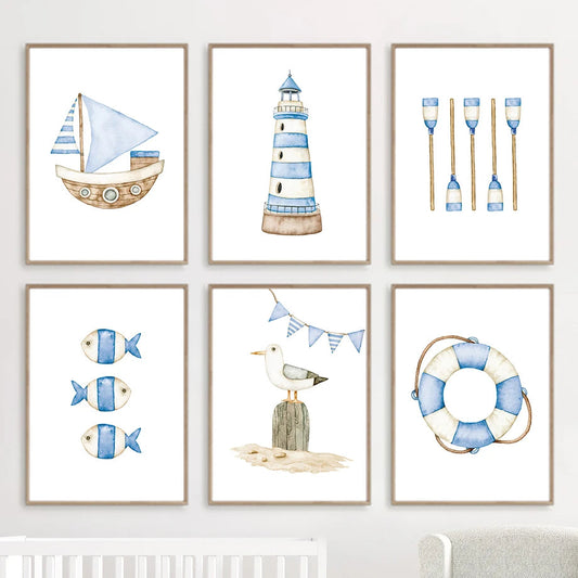 Minimalist Sailboat Lighthouse Fish Nautical Wall Art