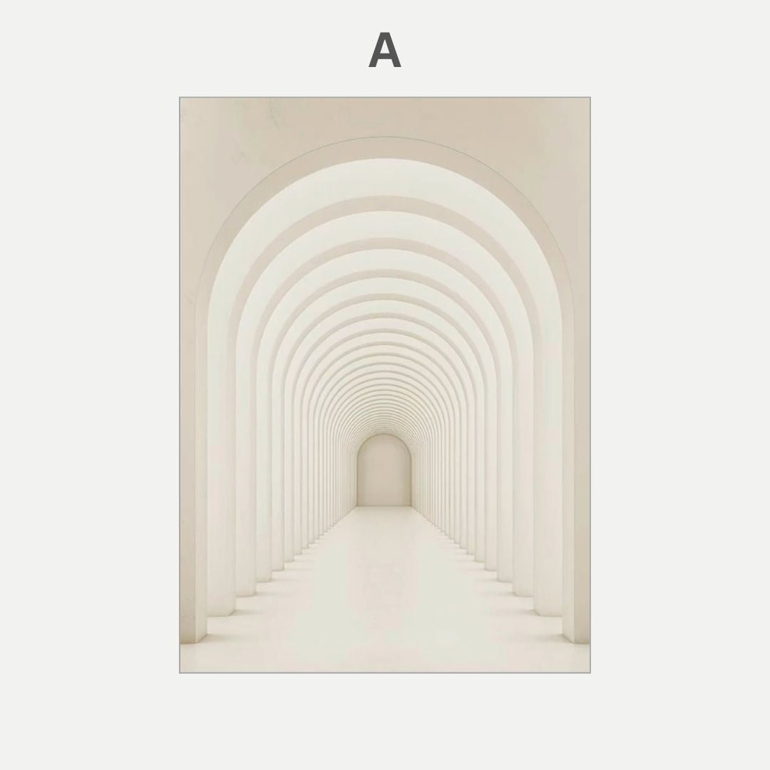 Beige archway tunnel with a single arch at the end on a light beige background