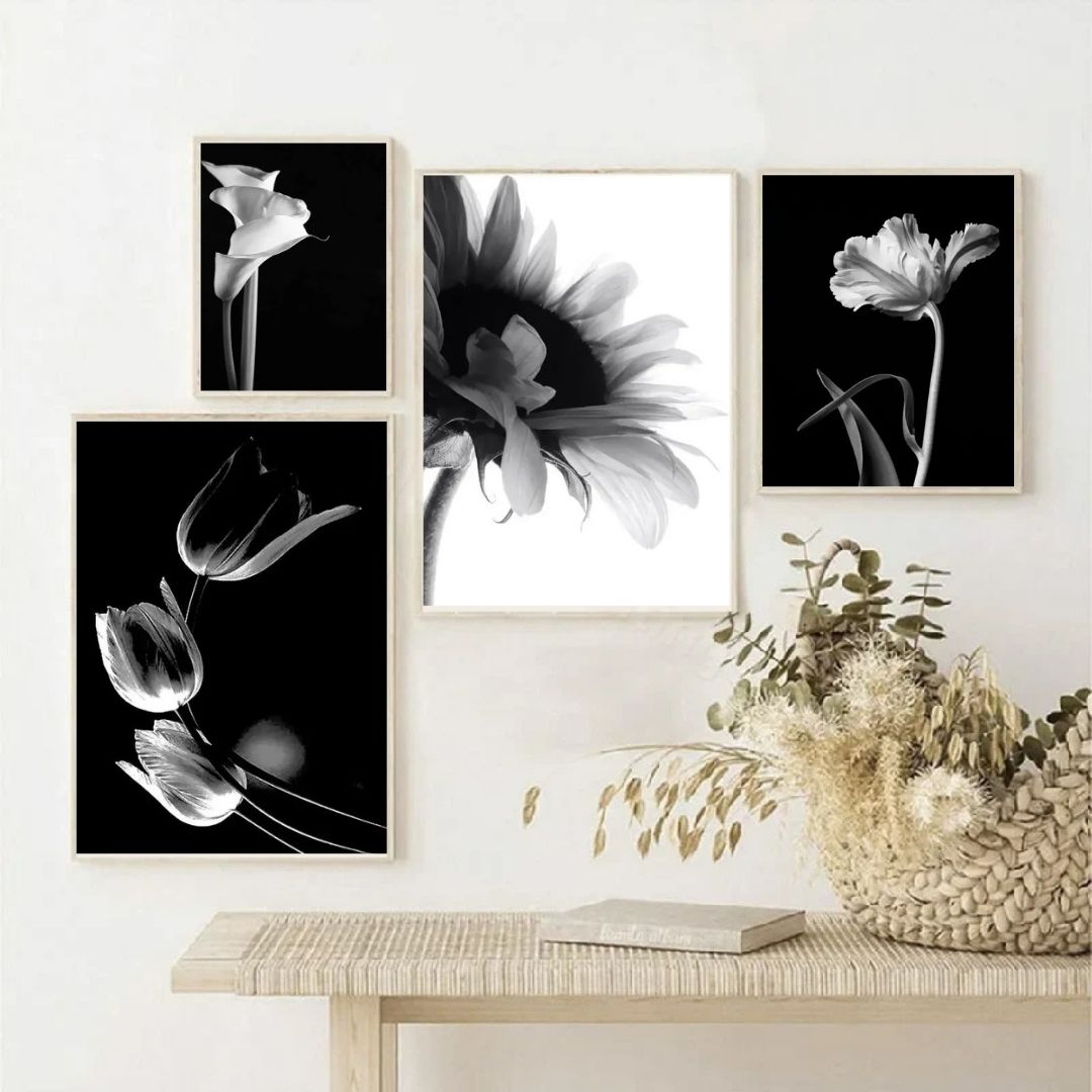 Minimalist Modern Black and White Floral Wall Art Canvas Prints