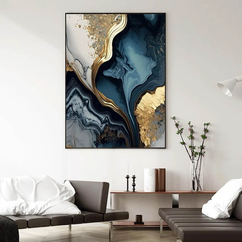 Modern Navy Blue White Golden Marble Wall Art