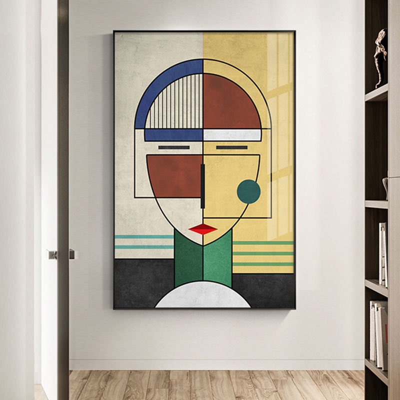 A modern abstract geometric figure canvas print hanging on a wall, featuring a minimalist design with primary and secondary colors.