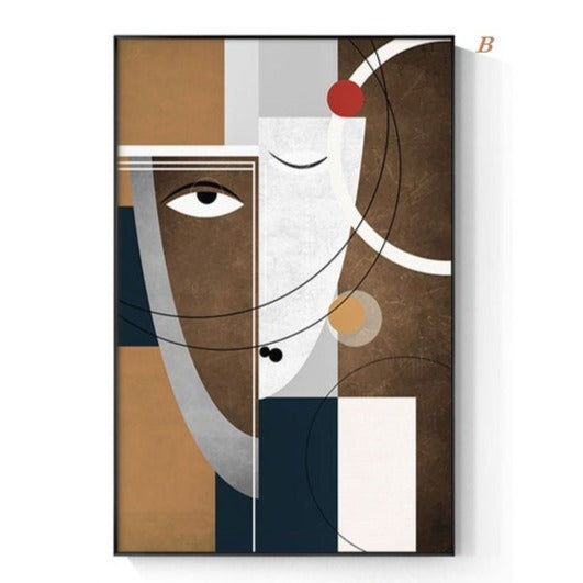 A modern abstract geometric figure canvas print hanging on a wall, featuring a minimalist design with primary and secondary colors.