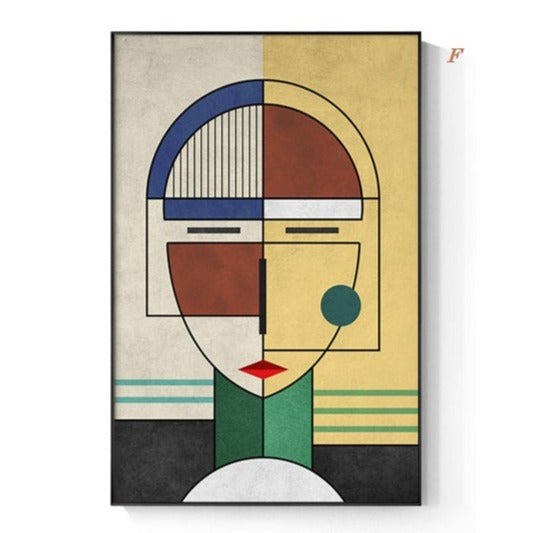 A modern abstract geometric figure canvas print hanging on a wall, featuring a minimalist design with primary and secondary colors.