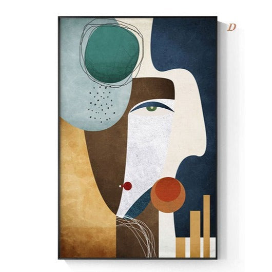 A modern abstract geometric figure canvas print hanging on a wall, featuring a minimalist design with primary and secondary colors.