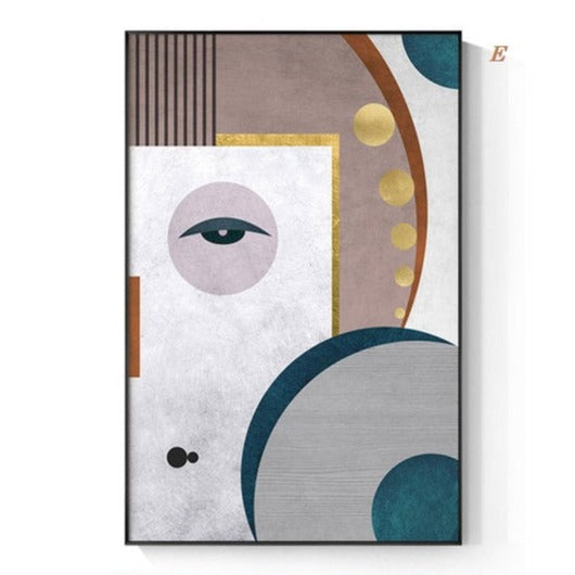 A modern abstract geometric figure canvas print hanging on a wall, featuring a minimalist design with primary and secondary colors.