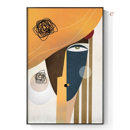 A modern abstract geometric figure canvas print hanging on a wall, featuring a minimalist design with primary and secondary colors.