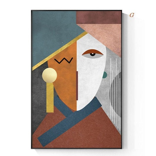 A modern abstract geometric figure canvas print hanging on a wall, featuring a minimalist design with primary and secondary colors.