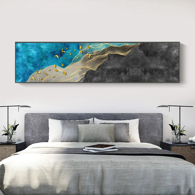 Abstract Golden Birds Blue Large Wall Art Canvas Prints