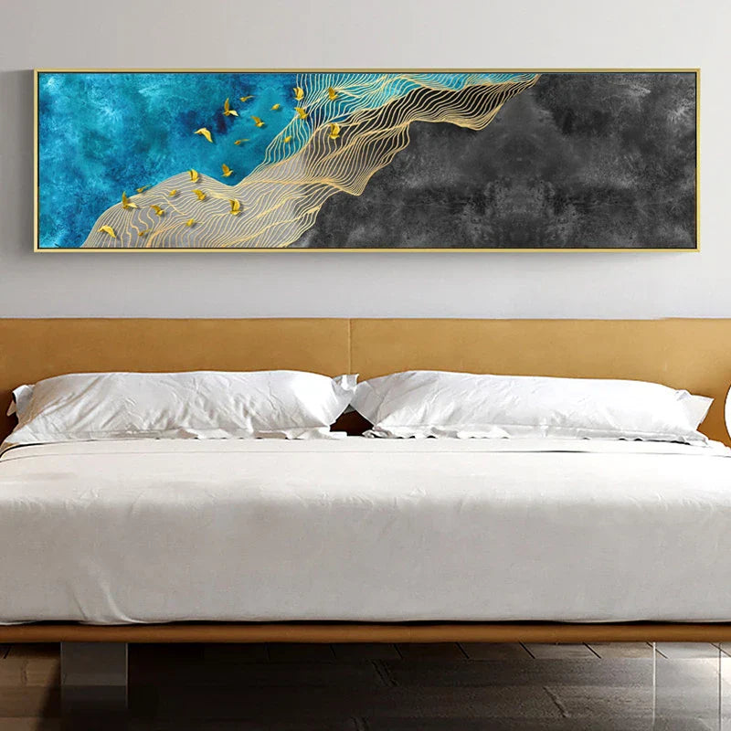 Abstract Golden Birds Blue Large Wall Art Canvas Prints