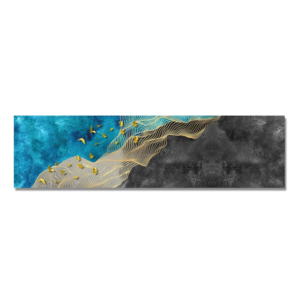 Abstract Golden Birds Blue Large Wall Art Canvas Prints