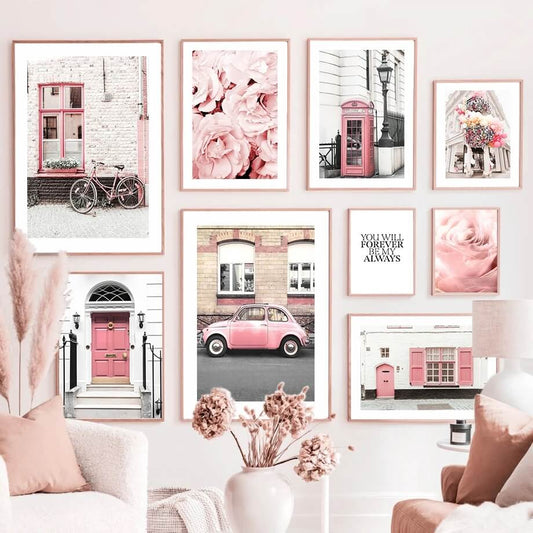 Paris Architecture Pink Car Peony Large Canvas Wall Art