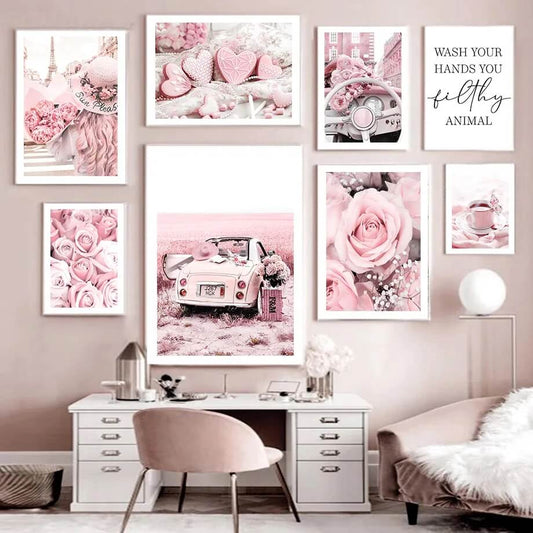 Pink Rose Paris Tower Vintage Car Macaroon Cake Wall Art