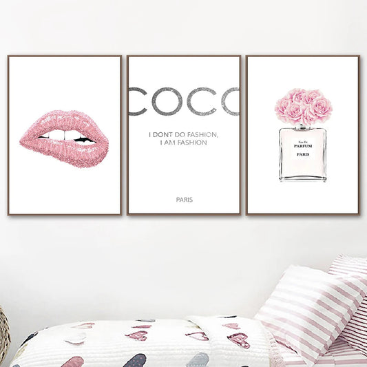 Pink Lips Perfume Motivational Coco Chanel Quotes Wall Art