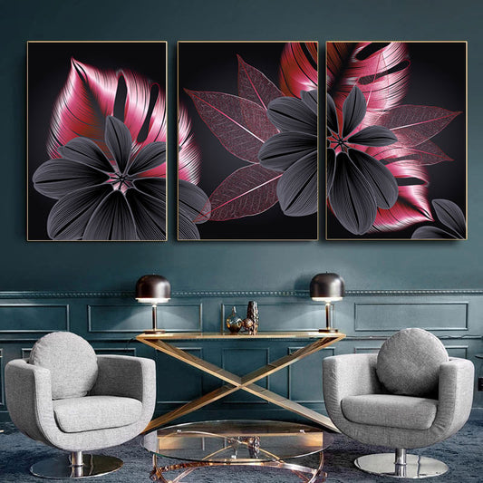 Luxury Pink Black Golden Flower and Leaf Canvas Prints