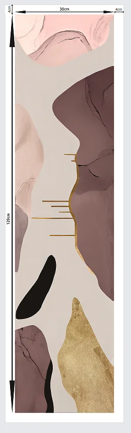 Abstract art with geometric shapes in brown, pink, and gold on a beige background