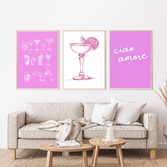 Retro Pink Martini Cocktail Minimalist Drinks Canvas Print Art