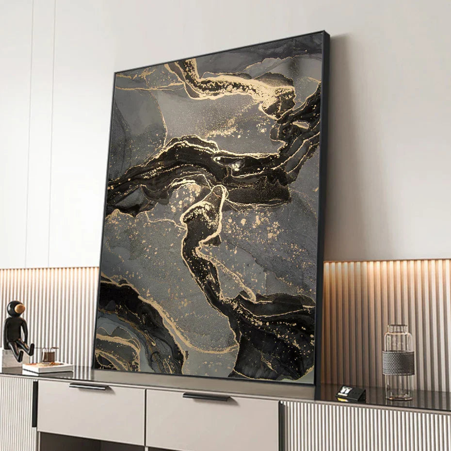 Abstract Black Gray Liquid Marble Print Wall Art