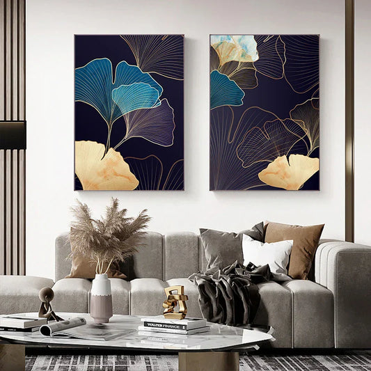 Botanical Tropical Blue Ginkgo Leaves Wall Art Canvas Prints