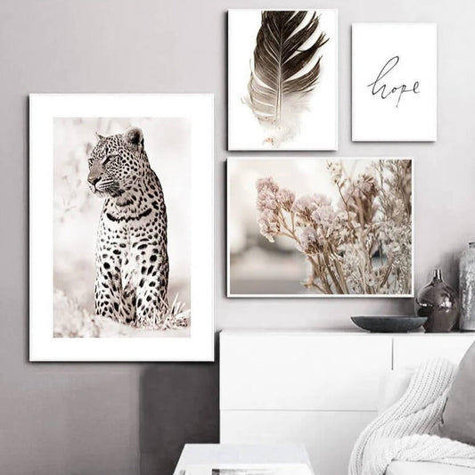 Scandinavian Poster Leopard Feather Flower Nordic Wall Art