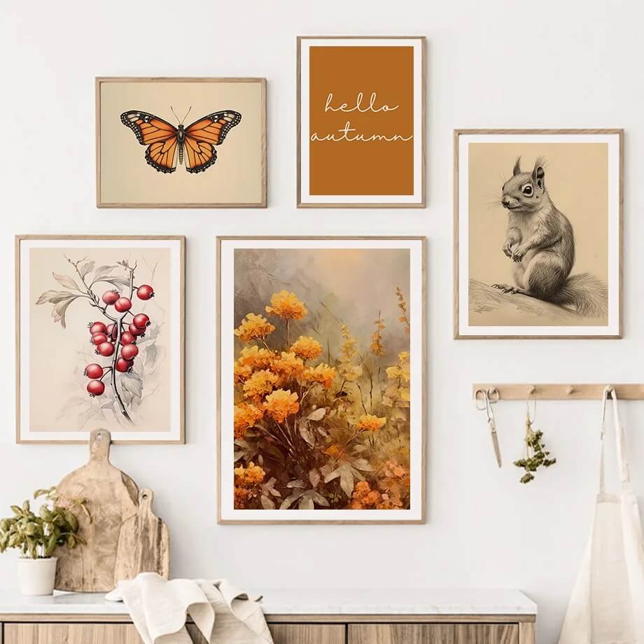 Squirrel Butterfly Pumpkin Rustic Autumn Wall Art