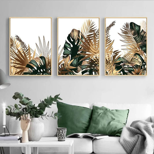 Tropical Golden Emerald Leaves Canvas Prints