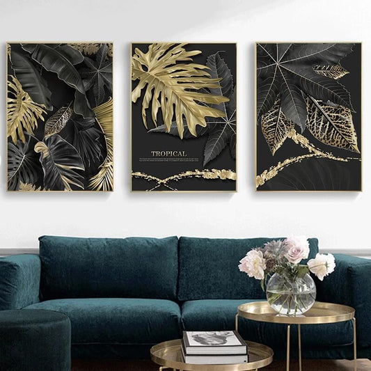 Tropical Golden Leaves Black Canvas Print