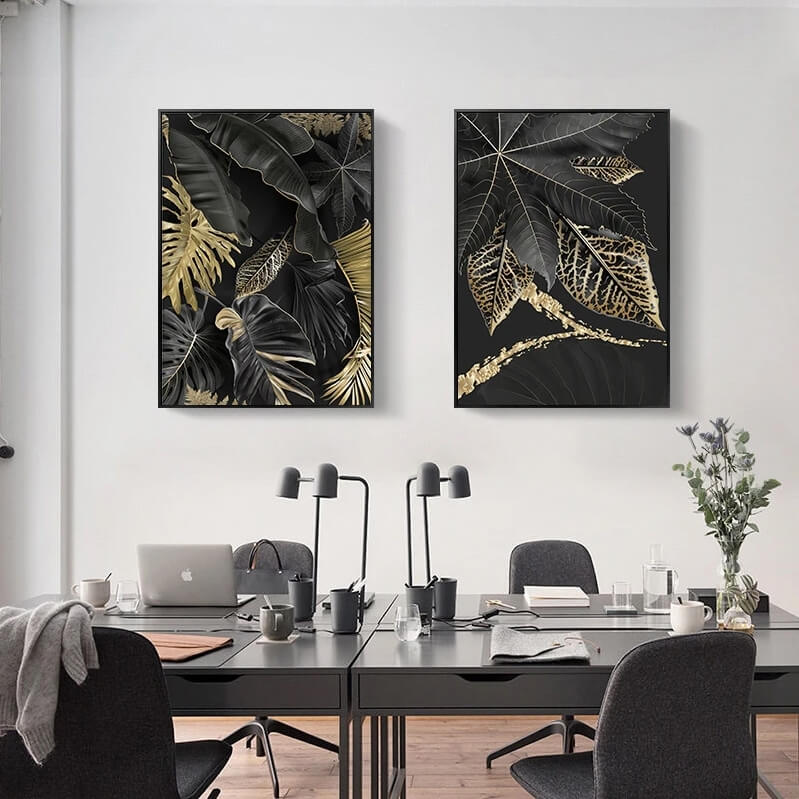 Tropical Golden Leaves Black Canvas Print