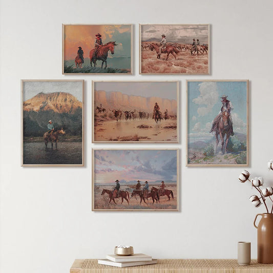 Vintage Cowboy Horses Rustic Landscape Canvas Print