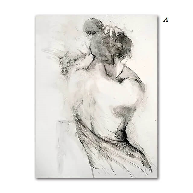Two canvas wall art prints depicting abstracted, monochrome illustrations of a woman's back in a vintage style on a wall above a console table and decorative items.