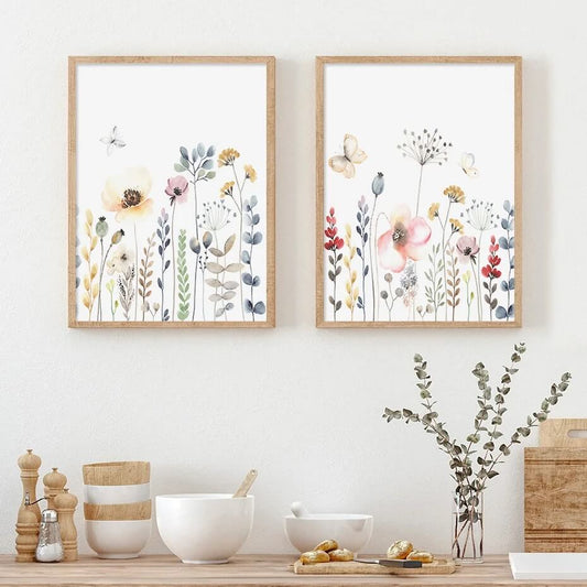 Watercolor Flowers Pastel Plants Boho Wall Art