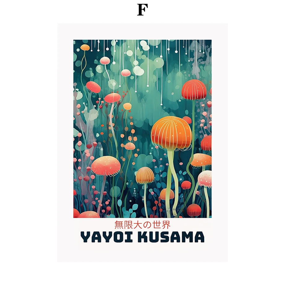 Whimsical Woodland Mushrooms Trees Floral Motifs Inspired by Yayoi Kusama Canvas Wall Art
