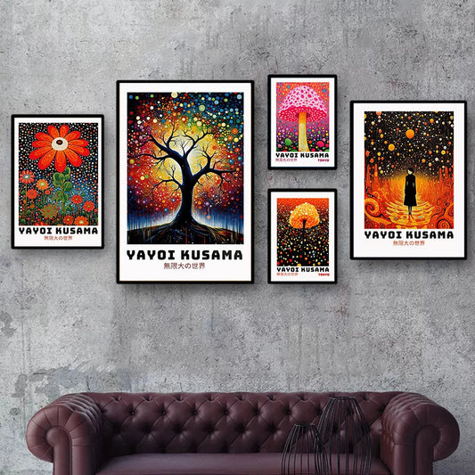 Whimsical Woodland Mushrooms Trees Floral Motifs Inspired by Yayoi Kusama Canvas Wall Art