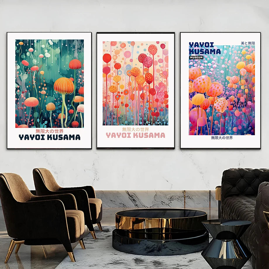 Whimsical Woodland Mushrooms Trees Floral Motifs Inspired by Yayoi Kusama Canvas Wall Art
