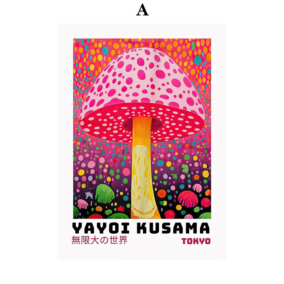 Whimsical Woodland Mushrooms Trees Floral Motifs Inspired by Yayoi Kusama Canvas Wall Art