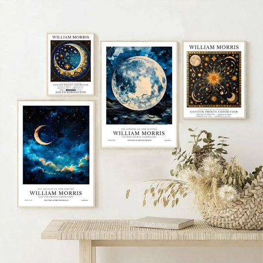 William Morris Night Sky Moon and Stars Vintage Wall Art Canvas Prints