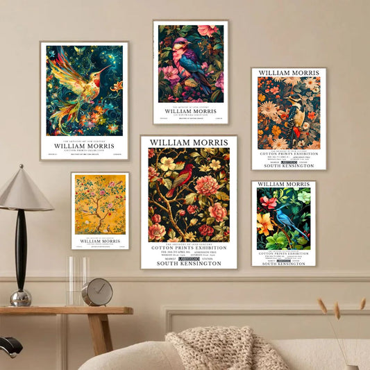 Hummingbird Colorful Birds Flowers William Morris Wall Art Canvas Prints