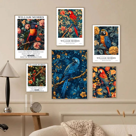 Exotic Bird Flowers William Morris Parrots Wall Art Canvas Print