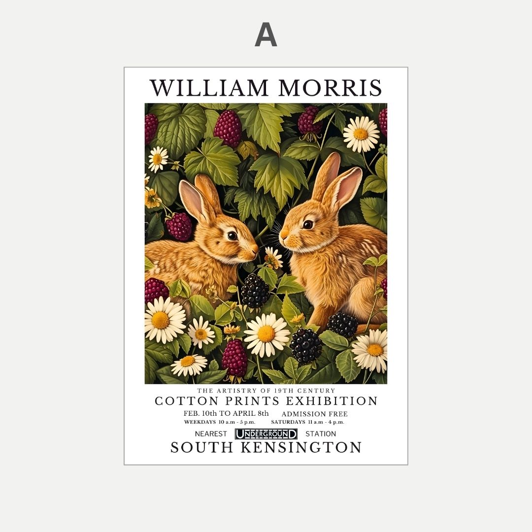 Poster featuring two rabbits among flowers and leaves with 'William Morris' branding.