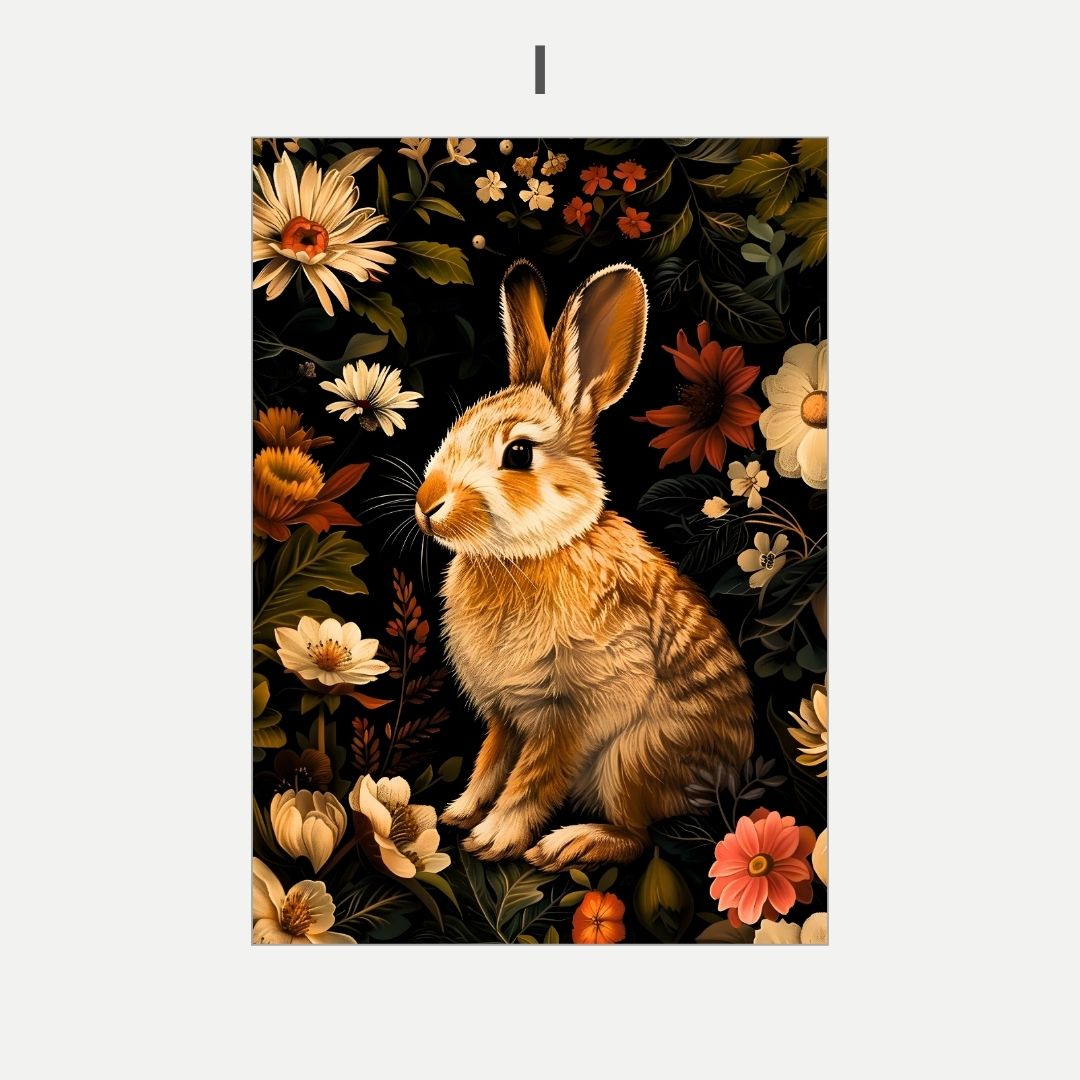 Illustration of a rabbit surrounded by flowers on a dark background