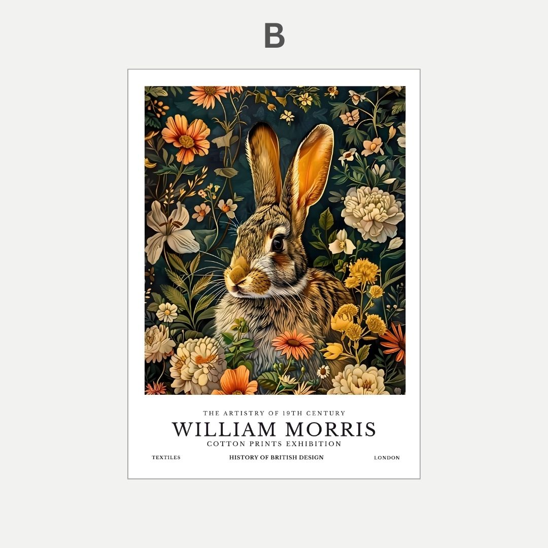 Poster of a rabbit among flowers with 'William Morris' text on a white background