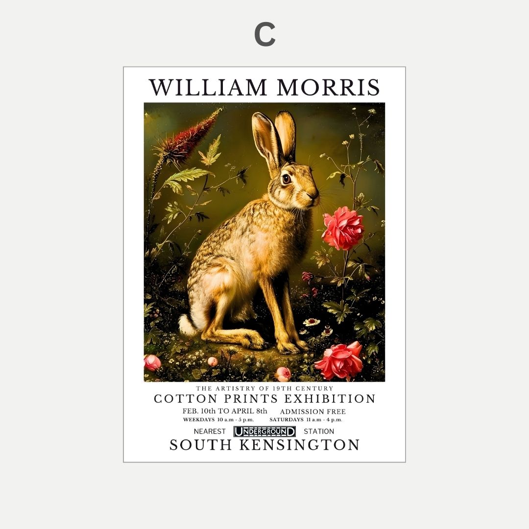 Poster of William Morris art featuring a hare and flowers on a white background