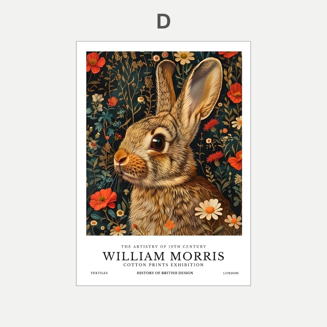 Poster of a rabbit illustration with flowers on a dark background, featuring William Morris branding.