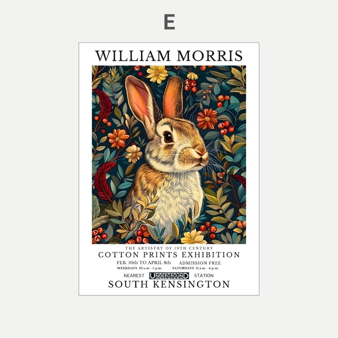 Poster featuring a rabbit illustration with William Morris branding and exhibition details.