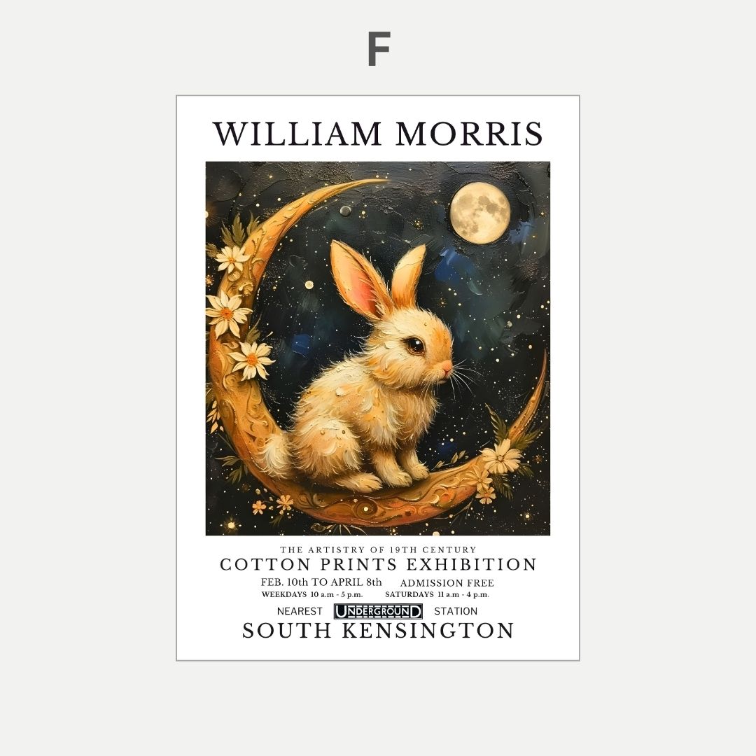 Poster of William Morris cotton prints exhibition with a rabbit on a moon illustration.