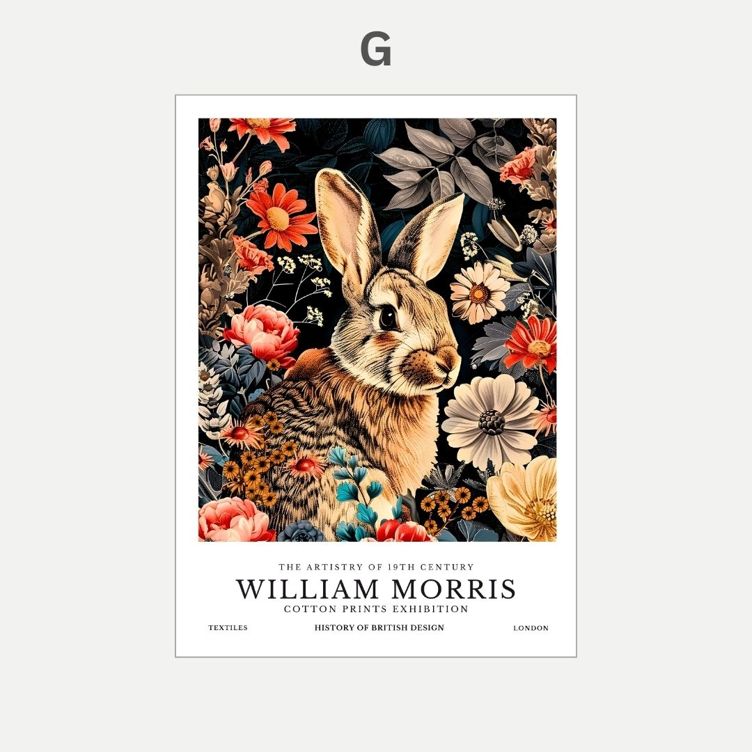 Poster with a rabbit and floral design, featuring the text 'The Artistry of 19th Century William Morris'.